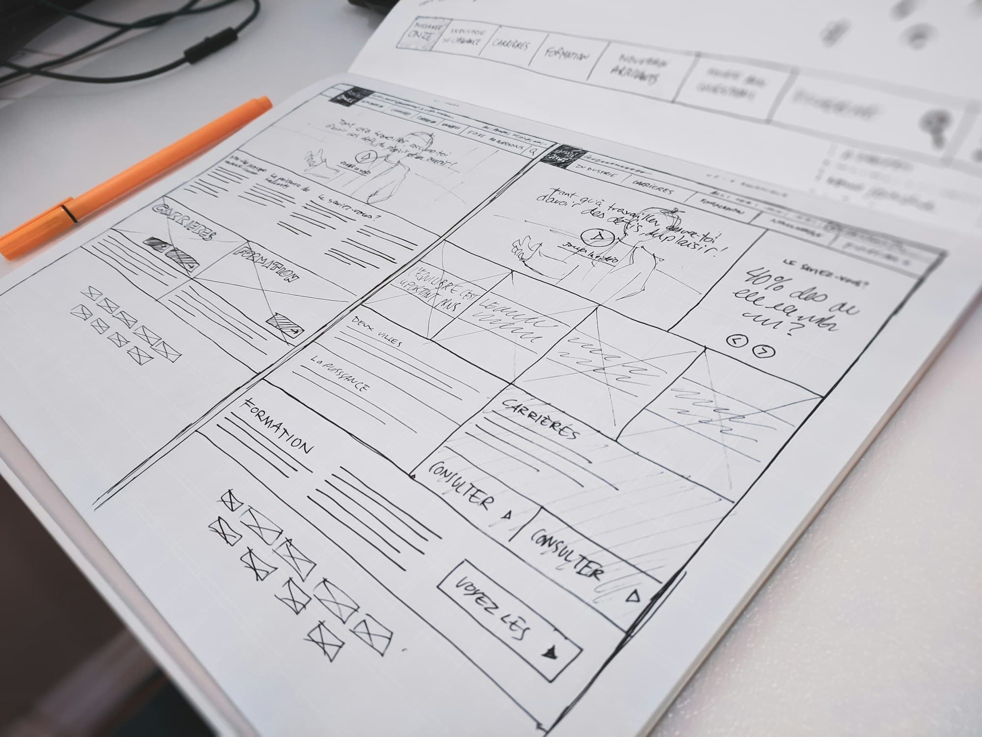 Hand-drawn website wireframes on paper next to an orange pen